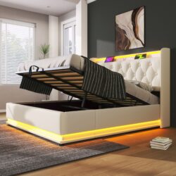 Classic Tufted Upholstered Double Ottoman Bed with LED Light, USB Charging Port, Hydraulic Storage Bed Frame, 206L x 148W x 104H cm, White Aosom UK