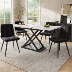 Extendable Dining Table Set with 4 Velvet Chairs, Marble Tabletop, Elegant 5-Piece Dining Set for Kitchen, 160L x 80W x 75H cm, White+Black Aosom UK