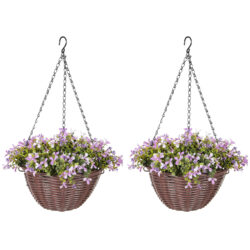 HOMCOM Artificial Flowers in Basket Set of 2, Artificial Hanging Baskets with 75 Leaves and 15 Flowers in Pot, Decorative Plant for Home Office Decor, Purple