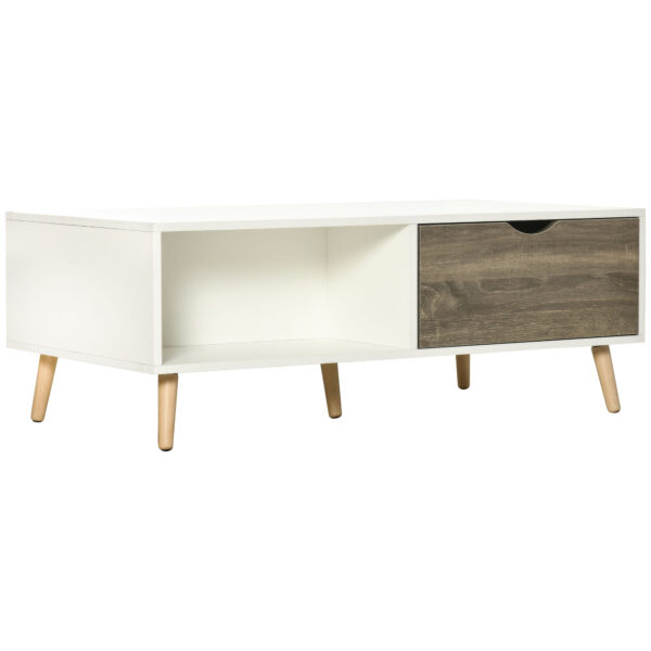 HOMCOM Coffee Table, Modern Tea Table with Open Storage Shelves, Two Drawers and Solid Wood Legs, Coffee Tables for Living Room, White Aosom UK