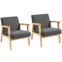 HOMCOM Set of 2 Accent Armchair, Living Room Chair, Wooden Upholstered Single Lounge Chair with Rubber Wood Legs and Padded Seat , Leisure Sofa Chair for Bedroom Office, Dark Grey
