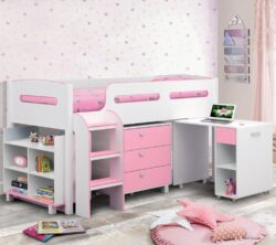 Kimbo Single Pink and White Wooden Kids Mid Sleeper Cabin Bed with Desk Storage - 3ft - Happy Beds