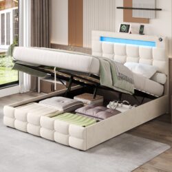LED Double Upholstered Bed Frame with Charging Station, Adjustable Headboard, Velvet Hydraulic Storage Bed, 202.5L x 142W x 108H cm, Beige Aosom UK