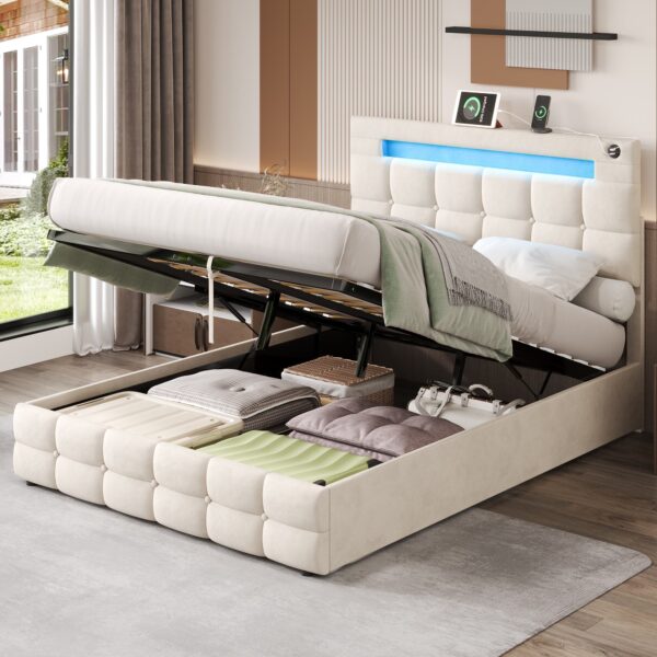 LED Double Upholstered Bed Frame with Charging Station, Adjustable Headboard, Velvet Hydraulic Storage Bed, 202.5L x 142W x 108H cm, Beige Aosom UK