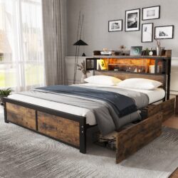 Metal Double Bed with 2 Underbed Drawers, LED Light Strip, USB Charging Ports, Storage Bed with Iron Frame, Headboard Cabinets, Black Aosom UK