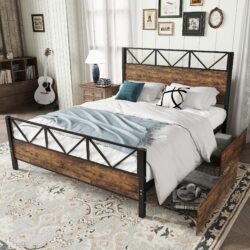 Minimalist Metal Double Bed with 2 Drawers, Sturdy Iron and MDF Frame, Storage Bed for Adults, Teenagers, 198L x 137W x 116H cm, Black+wood Aosom UK
