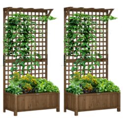 Outsunny 2 Pcs Raised Bed with Drainage Holes, Wood Planter with Trellis for Climbing Plants to Grow Vegetables, Flowers, Brown Aosom UK