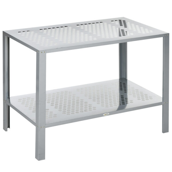 Outsunny 2-Tier Plant Stand, Corner Plant Shelf for Outdoor and Indoor Storage Organizer, Freestanding Flower Rack w/Steel Frame, Silver Aosom UK