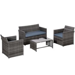 Outsunny 4-Seater Rattan Garden Furniture Sofa Set Outdoor Patio Wicker Weave 2-seater Bench Chairs & Coffee Table, Grey