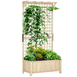 Outsunny Raised Bed with Drainage Holes, Wood Planter with Trellis for Climbing Plants to Grow Vegetables, Flowers, Natural