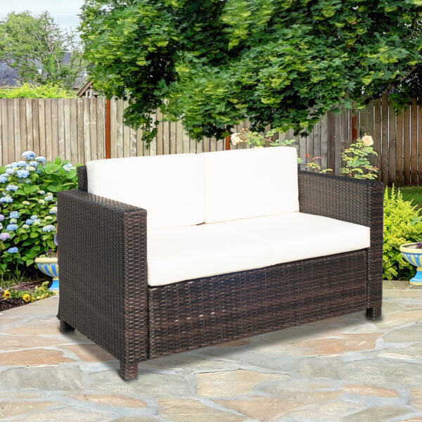 Outsunny Waterproof Garden Rattan Sofa 2 Seater Outdoor Garden Wicker Weave Furniture Patio 2-Seater Double Couch Loveseat Brown Aosom UK