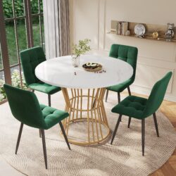 Round Dining Table Set with 4 Velvet Chairs, Marble Pattern MDF Top, Golden Metal Legs, Adjustable Foot, Ideal for Dining Room, White+Green Aosom UK