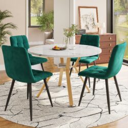 Round Marble Dining Table Set with 4 Ergonomic Velvet Chairs, Gold Metal Legs, Table Top Radius, Perfect for Modern Interiors, White+Green Aosom UK