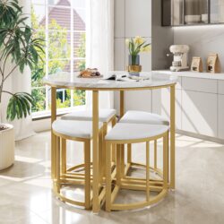 Space-Saving Dining Table Set with 4 Velvet Chairs, MDF Top, Gold-Plated Iron Frame, Ideal for Living Room, 80L x 80W x 75H cm, White+Gold Aosom UK