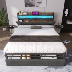 Upholstered Double Bed with Smart LED Lighting, USB Type-C Charging, Bed Frame with Storage Headboard, Drawers, 208L x 137W x 110H cm, Grey Aosom UK