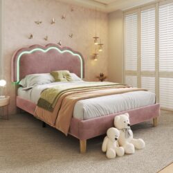 Upholstered Single Bed with LED Adjustable Headboard, Efficient Assembly, Velvet Bed Frame with Wooden Slats, 197L x 101W x 109H cm, Pink Aosom UK
