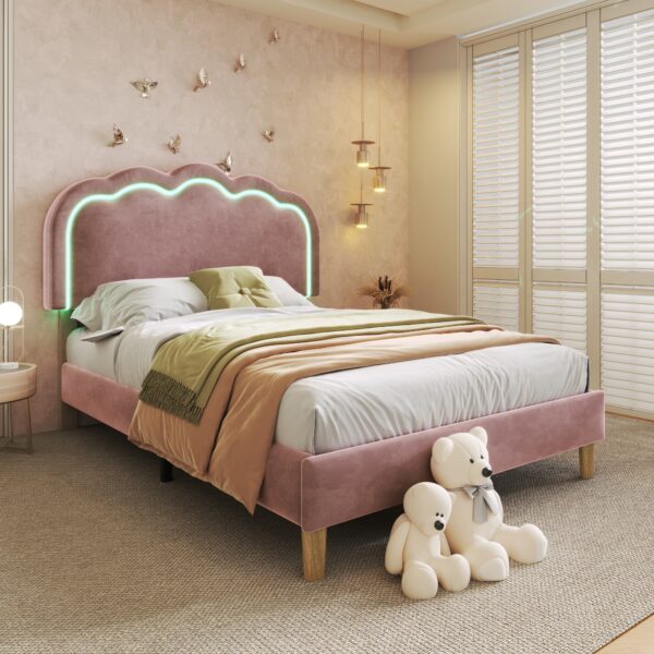 Upholstered Single Bed with LED Adjustable Headboard, Efficient Assembly, Velvet Bed Frame with Wooden Slats, 197L x 101W x 109H cm, Pink Aosom UK