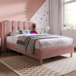 Upholstered Single Bed with USB and Type-C Charging Ports, Velvet Bed Frame with Wooden Slats for Teen Bedroom, 197L x 103W x 103H cm, Pink Aosom UK