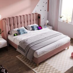 Upholstered Velvet Double Bed with USB and Type-C Charging Ports, Wooden Slatted Frame, Comfortable and Skin-Friendly Teenager Bed, Pink Aosom UK