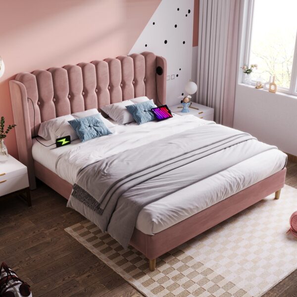 Upholstered Velvet Double Bed with USB and Type-C Charging Ports, Wooden Slatted Frame, Comfortable and Skin-Friendly Teenager Bed, Pink Aosom UK