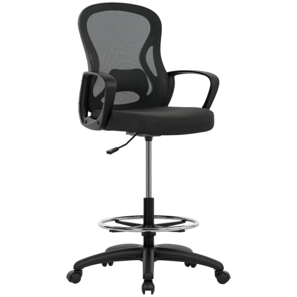 Vinsetto Drafting Chair with Adjustable Footrest, Ergonomic Mesh Office Chair with Lumbar Support, Adjustable Height for Standing Desk, Black