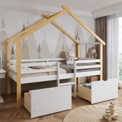 3ft Children's Bed with 2 Storage Drawers, Safety Guardrail, Wood Frame, Single Bed with Roof Design, 201.5L x 95W x 212H cm, White+Natural Aosom UK