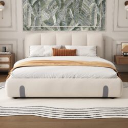4ft6 Upholstered Double Bed with Durable Frame, Soft Headboard, Sturdy Slats, Velvet Bed for Adults, Teenagers, 213L x 152W x 89H cm, White Aosom UK
