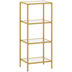 HOMCOM 4-Tier Shelving Unit, Glass Shelf, Vertical Storage Shelf for Living Room, Home Office, Bedroom, Bathroom, Gold Tone