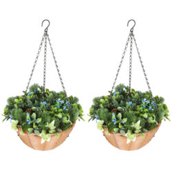 HOMCOM Artificial Flowers in Basket Set of 2, Artificial Hanging Baskets with PE Leaves, 18 Flowers and 3 Pinecones in Pot, Decorative Faux Plant for Home Office Decor, Green