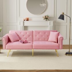 2-Seater Modern Sofa Bed with Velvet Upholstery and Adjustable Backrests, Daybed Perfect for Living Room, 177L x 74W x 71H cm, Pink Aosom UK