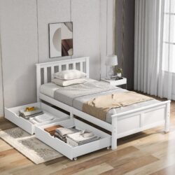 3ft Pine Single Bed with Wooden Frame & under Storage Drawers, Solid Single Bed with Modern Mattress Foundation for Bedrooms, 196x100x82 cm, White Aosom UK
