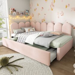 3ft Upholstered Daybed with Pull-Out Bed, Velvet Fabric, Easy Installation, Single Sofa Bed with Slatted Frame, 193L x 97W x 76H cm, Pink Aosom UK