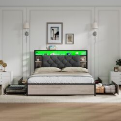Double Bed Frame with Drawers and RGB LED Lighting, Headboard with Type-C and USB Ports, 207L x 138W x 101H cm, Grey+Rustic Brown Aosom UK