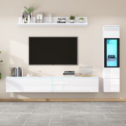High Gloss TV Wall Unit Set with Customisable LED Lighting, Handleless Design, Entertainment Center Set with Cabinet, Hanging Shelf, White Aosom UK
