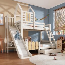 3-in-1 Cabin-style Bunk Bed with Slide and Storage Drawer, Solid Wood and MDF Frame, Durable Sleeper for Kids, 240L x 189W x 230H cm, White Aosom UK