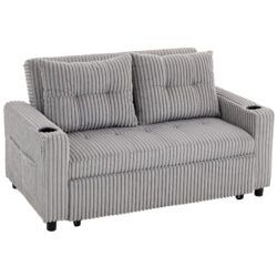 HOMCOM 2 Seater Click Clack Sofa Bed with Pull Out Design, Corduroy Upholstery - Light Grey