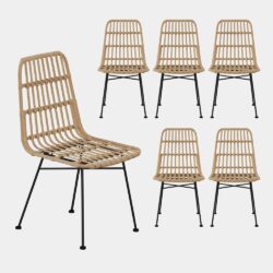 VonHaus Rattan Dining Chairs Set of 6 - Wicker Kitchen Chairs with Black Metal Legs - Modern Boho Chairs for Dining Room & Kitchen - Natural