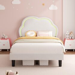 3ft Upholstered Single Bed with Adjustable Cloud Headboard, LED Light, Velvet Bed Frame with Solid Wood Slats, 194L x 106W x 118H cm, White Aosom.UK