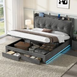 5ft King Ottoman Bed Frame with Two Drawers and Side Pockets, Velvet Upholstered Headboard for Living Room, 213L x 155W x 111H cm, Grey Aosom UK