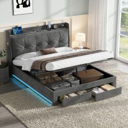 Double Ottoman Upholstered Bed Frame with Hydraulic Storage, Side Pockets, Headboard for Living Room, 203L x 138W x 111H cm, Grey Aosom UK