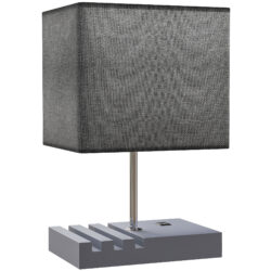 HOMCOM Bedside Lamp with USB A+C Charging Ports and 3 Phone Stands, Modern Table Lamp with Solid Wood Base and Fabric Shade for Bedroom Living Room Office, E27 Socket, Bulb Not Included, Grey