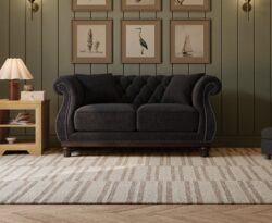 Harrow Chesterfield Black Linen Fabric 2 Seater Sofa