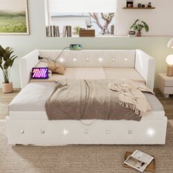 3 Seater Upholstered Bed, Pull Out Sofa Bed with Removable Trundle & Fast Charging Ports, Velvet Fabric, Beige Aosom UK
