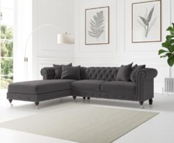 Chiswick 3 Seater Dark Grey Velvet Left Facing Chesterfield Corner Chaise Sofa