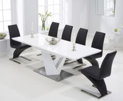 Extending Santino 160cm White High Gloss Dining Table with 6 Black Aldo Chairs