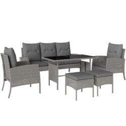 Outsunny 5 Seater Rattan Garden Furniture Set, 2 Armchairs, 3-Seater Wicker Sofa, 2 Footstools and Glass Table for Conservatory, Grey