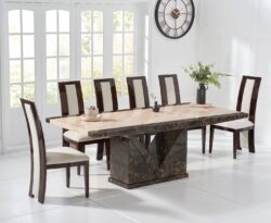Tenore 220cm Extra Large Marble Dining Table with 6 Brown Novara Chairs