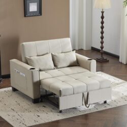 3-In-1 Convertible Pull-Out Sleeper with 3-Position Adjustable Backrest, 2 Seater Sofa Bed for Compact Room, 140L x 96W x 97H cm, Beige Aosom UK