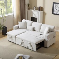 3 Seater Corner Sofa with Integrated Side Shelf and Built-in USB, Modular Sofa with Footstool and 3 Cushions, 214L x 131W x 87H cm, Beige Aosom UK