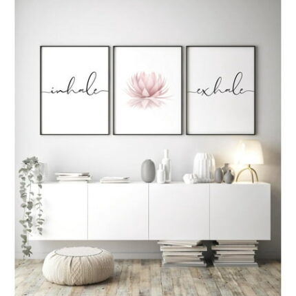 3 Pieces Canvas Print Inhale Exhale Zen Wall Art Pink Lotus Flower Poster Painting Picture For Living Room Above Bed Decor With Inner Frame
